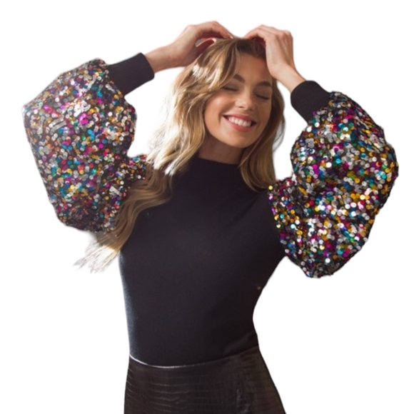 Women's Black Sequin Sleeve Top NWT - Picture 5 of 5
